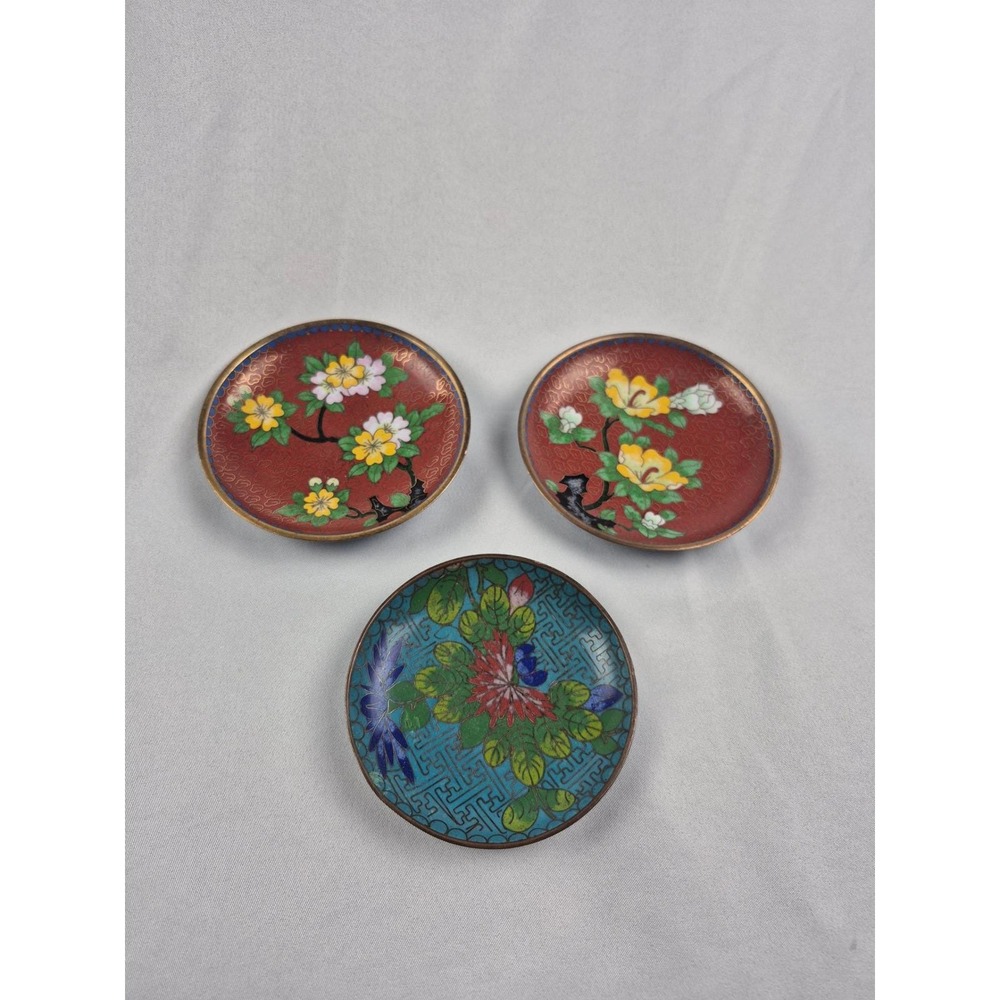 Vintage Chinese Cloisonne Enamel Trinket Ring Dishes Floral Copper Set of 3 Lot